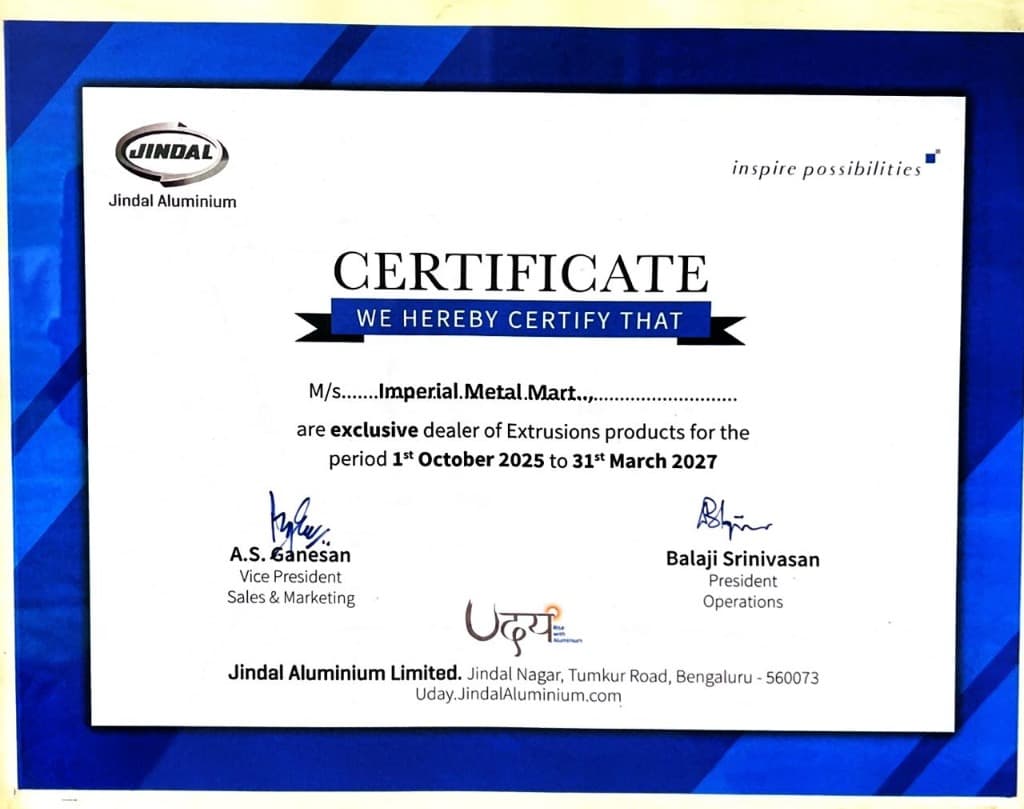 Jindal Aluminium Authorized Dealer Certificate